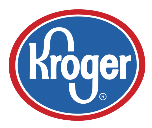 A blue and white logo display of Kroger.