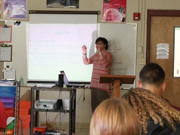 Women teaches students from projector screen.